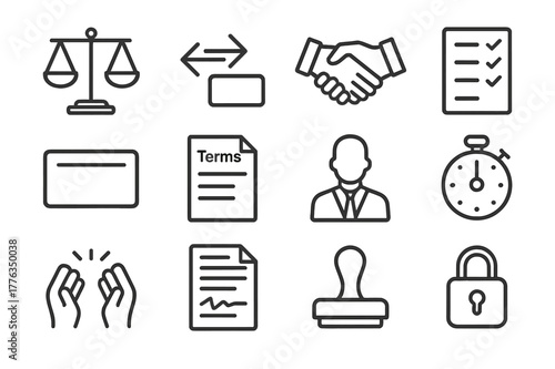 Negotiation Icon Set. Negotiation. Line icon set of Negotiation: scales, counteroffer arrows, handshake, concession list, BATNA card, terms sheet, mediator,