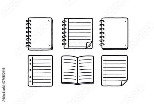 hand drawn cute doodle style line isolated on white background: spiral notebook lined pages front cover wire binding margin line folded corner