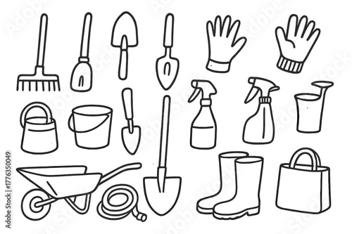 Garden Tools Doodle. Garden tools. Hand-drawn doodle illustration garden tools rake, shovel, trowel, pruning shears, gloves, watering can, bucket, spade, spray