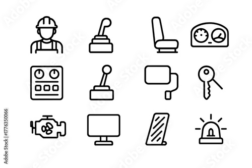Bulldozer Operation Icons. Bulldozer operation. Line icon set of bulldozer operation: operator, joystick, seat, dashboard, control panel, lever, rearview