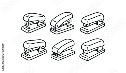 hand drawn cute doodle style line isolated on white background: desk stapler hinge top staple slot push handle metal base flat press