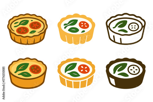 Vegetable Quiche Logos. Vegetable quiche. Set Logo of Vegetable quiche: tart filled with spinach and tomato. harmonious logo variations of the same emblematic