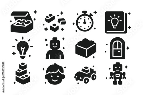 Creative Building Icons. Creative Building Time. Solid icons set of Creative Building Time: open box of bricks, scattered pieces, timer clock, sketchbook, idea