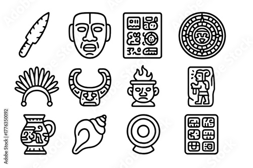 Mesoamerican Icon Set. Mesoamerican relics. Line icon set of Mesoamerican relics: obsidian blade, jade mask, codex page, calendar stone, feather headdress,