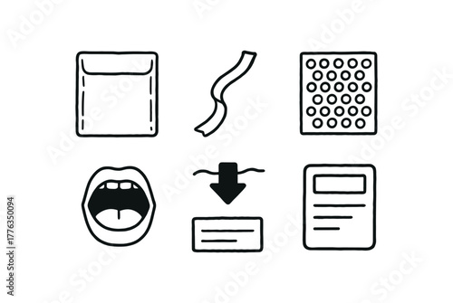 hand drawn cute doodle style line isolated on white background: padded envelope peel strip bubble lining open mouth seal arrow mail label