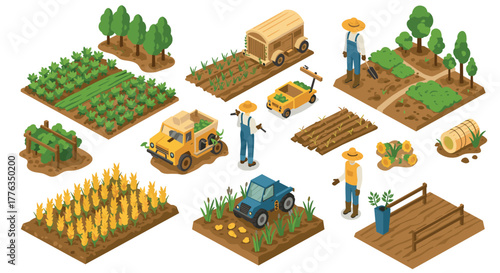 Isometric farm scenes with vehicles and farmers on fields