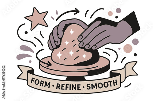 Clay Sculpting Artistry. Sculpting in clay. Hands press and rotate a soft form on a turntable; score marks turn into tiny stars. A ribbon label reads ?Form ?