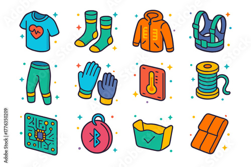 Smart Clothing Icons. Smart clothing. Colorful isometric vector icons set of Smart clothing: biometric T-shirt, sensor socks, heated jacket, posture correction