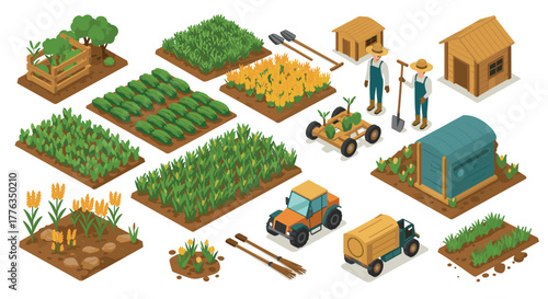 Isometric farm elements with plants, equipment, and buildings for agriculture design