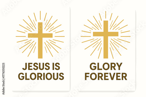 Radiant Cross Banners. Glory of Christ. Two vertical A6 banners with safe margins, centered composition, no elements touching edges, flat vector design, white
