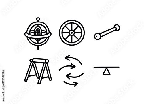 hand drawn cute doodle style line isolated on white background: gyroscope ring spinning wheel axis shaft support frame motion arrows balance line