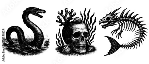 Sea monsters and skull, photocopy art, xerography engraving, halftone minimalism, vintage horror illustration