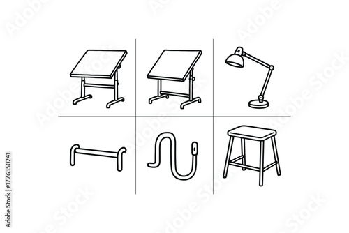 hand drawn cute doodle style line isolated on white background: drafting table tilted surface metal frame side handle lamp footrest bar