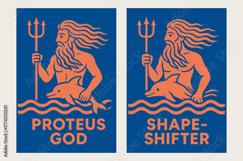 Proteus Sea Banner. Shape-Shifting Sea. Two vertical A6 banners with safe margins, centered composition, no elements touching edges, flat vector design, cobalt