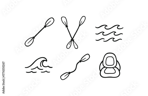hand drawn cute doodle style line isolated on white background: double paddle narrow blades curved shaft drip rings wave marks kayak