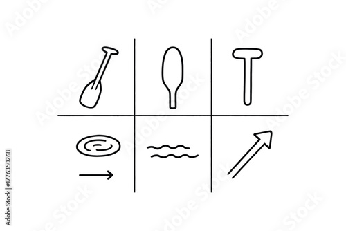 hand drawn cute doodle style line isolated on white background: canoe paddle wide blade straight shaft T grip water ripple stroke arrow
