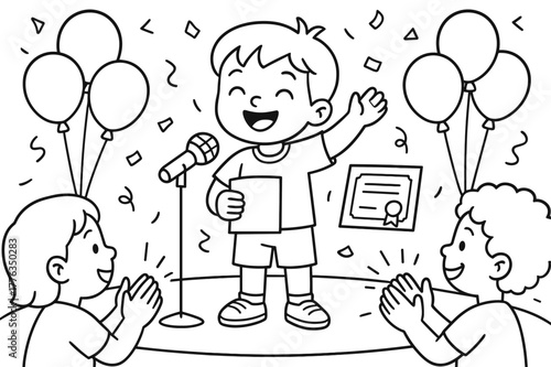 Child's Speech Celebration. Celebrating a great speech children?s coloring book illustration, outlined drawing, a child receiving applause and a