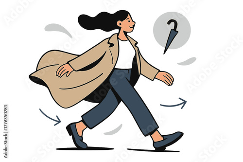 Breezy Trench Walk. Light trench moments. Breezy trench swinging over a tee and cropped jeans, loafers tapping pavement; folded umbrella icon floats?just in