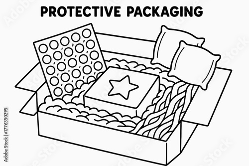 Coloring_ Packaging Adventure. Protective Packaging children?s coloring book illustration, outlined drawing, bubble wrap sheet, air pillows, and paper padding