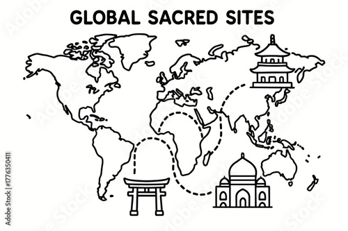 Sacred Sites Coloring Map. Global sacred sites children?s coloring book illustration, outlined drawing, a simple world map with tiny landmark icons like a