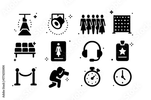 Fashion Show Iconography. Runway and Catwalk. Solid icons set of Runway and Catwalk: runway platform, spotlight, front row seats, step and repeat, model