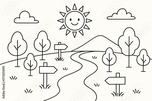Children's Pilgrimage Path. Pilgrimages and spiritual travel children?s coloring book illustration, outlined drawing, a friendly path winding toward a distant