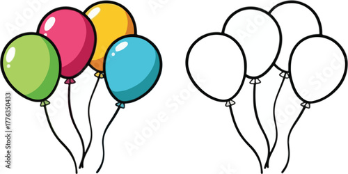 Cartoon cluster of vibrant party balloons with matching black outline template design isolated PNG with Transparent Background