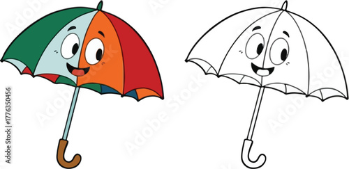 Cute cartoon umbrella mascot character with coloring page template for children education activities isolated PNG with Transparent Background