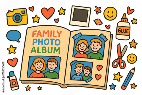 Family Photo Memories. Family photo album. Colorful Hand-drawn doodle Children illustration Family photo album scrapbook, stickers, camera, hearts, Polaroid