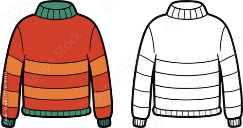 Simple striped winter sweater illustration with outline version for coloring book pages isolated PNG with Transparent Background