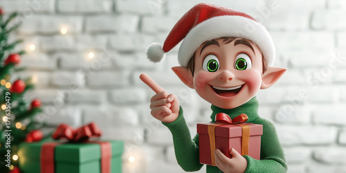 funny cheerful elf in santa hat Christmas character with surprise face pointing finger to the side, 3d illustration, playful holiday pose, isolated on white background with copy space