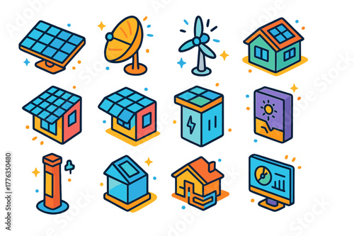 Isometric Renewable Energy Icons. renewable energy features. Colorful isometric vector icons set of renewable energy features: photovoltaic panels, solar