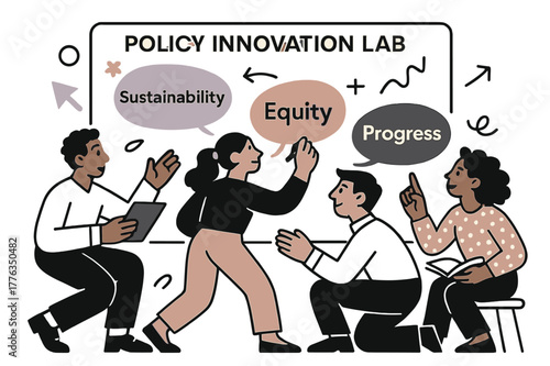 Innovative Policy Workshop. Policy innovation lab. Designers and researchers at digital whiteboard covered with idea bubbles: ?Sustainability,? ?Equity,?