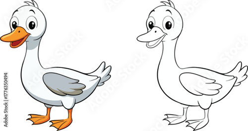Cute cartoon goose character illustration with corresponding black and white line art for coloring books isolated PNG with Transparent Background