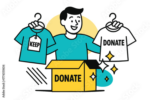 Closet Cleanup Decision. Closet Declutter Moment. A smiling person holds two shirts?one marked ?Keep,? one ?Donate.? Light geometric sparkles float around the