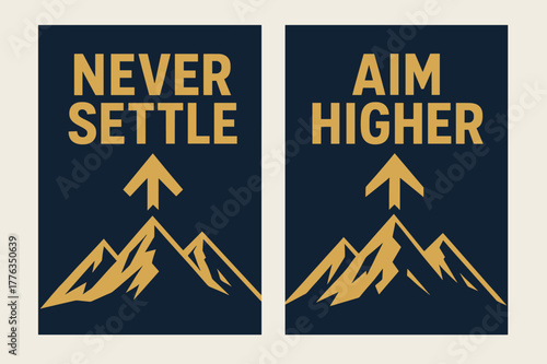 Never Settle Banners. Never settle. Two vertical A6 banners with safe margins, centered composition, no elements touching edges, bold, navy and gold, objects