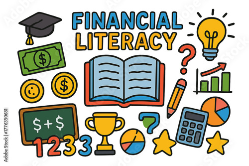Financial Literacy Doodles. Financial literacy. Colorful Hand-drawn doodle Children illustration Financial literacy open book, chalkboard, numbers, coin,