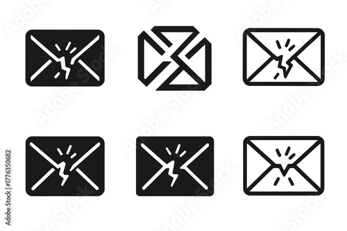 Communication Breakdown Icons. broken communication lines. Set Logo of broken communication lines: Bounced email envelope. Icon set. harmonious logo variations