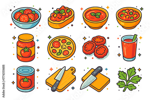 Tomato Delights Icons. Tomato-based kitchen creations. Colorful isometric vector icons set of Tomato-based kitchen creations: fresh tomato salad, bruschetta,