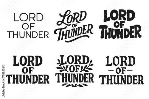 Thunder Typography Variations. Lord of Thunder. Set lettering. harmonious lettering variations of the same emblematic concept (Modern minimal