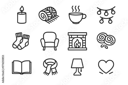 Hygge Lifestyle Icons. Hygge Lifestyle. Line icon set of Hygge Lifestyle: candle, knitted blanket, warm tea, fairy lights, wool socks, soft chair, fireplace,