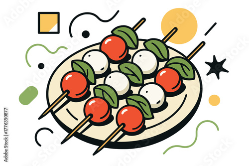Caprese Skewers Art. Caprese Skewers. Caprese skewers on a serving plate with floating abstract geometric shapes and soft light accents, fresh and delicious