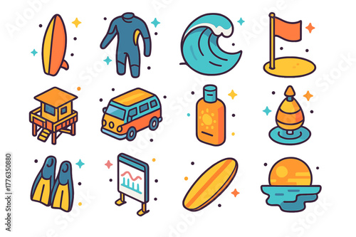Surfing Adventure Icons. Surfing adventure. Colorful isometric vector icons set of surfing adventure: surfboard, wetsuit, wave crest, beach flag, lifeguard