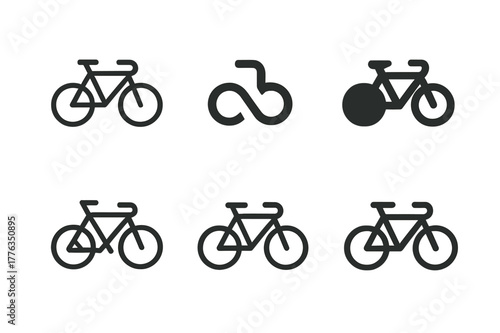Bicycle Icon Grid. Traffic Rule Infographic. Set Logo of Bicycle Icon: Minimal outline, Abstract geometric, Negative space, Flat solid, Symmetrical form,