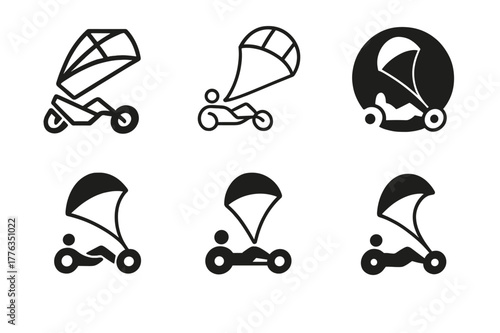 Kite Buggy Logos. Kite buggy. Set Logo of Kite buggy: traction kite towing sand buggy. harmonious logo variations of the same emblematic concept, each with