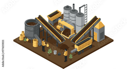 Isometric factory scene with machinery and workers in industrial setting