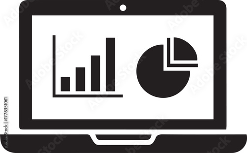 Laptop Analytics Dashboard Icon, Black on White 