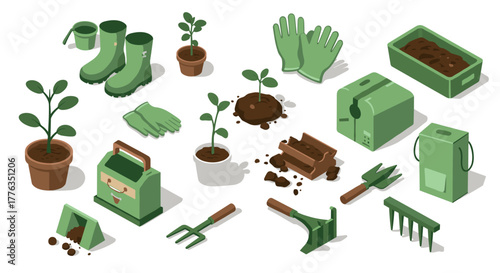 Isometric gardening tools and plants set with seedlings, gloves, and pots