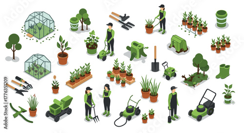 Gardener isometric set with tools, plants, and greenhouse elements for home gardening