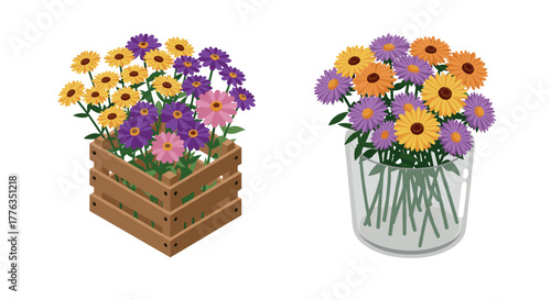 Vibrant floral arrangements in wooden crate and glass vase on white background